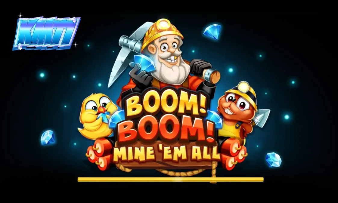 Tampilan visual game slot Boom! Boom! Mine ‘Em All dengan tema pertambangan yang eksplosif